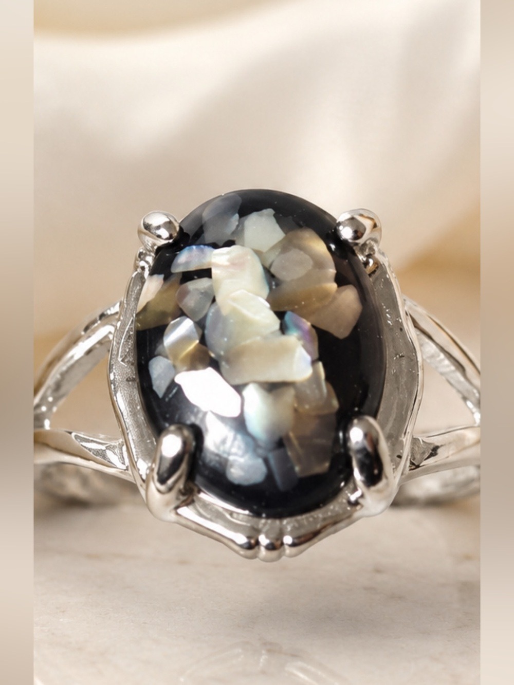 Mosaic Shell Statement Oval Ring Size 9.5 • Iridescent Black Opalised Cabochon